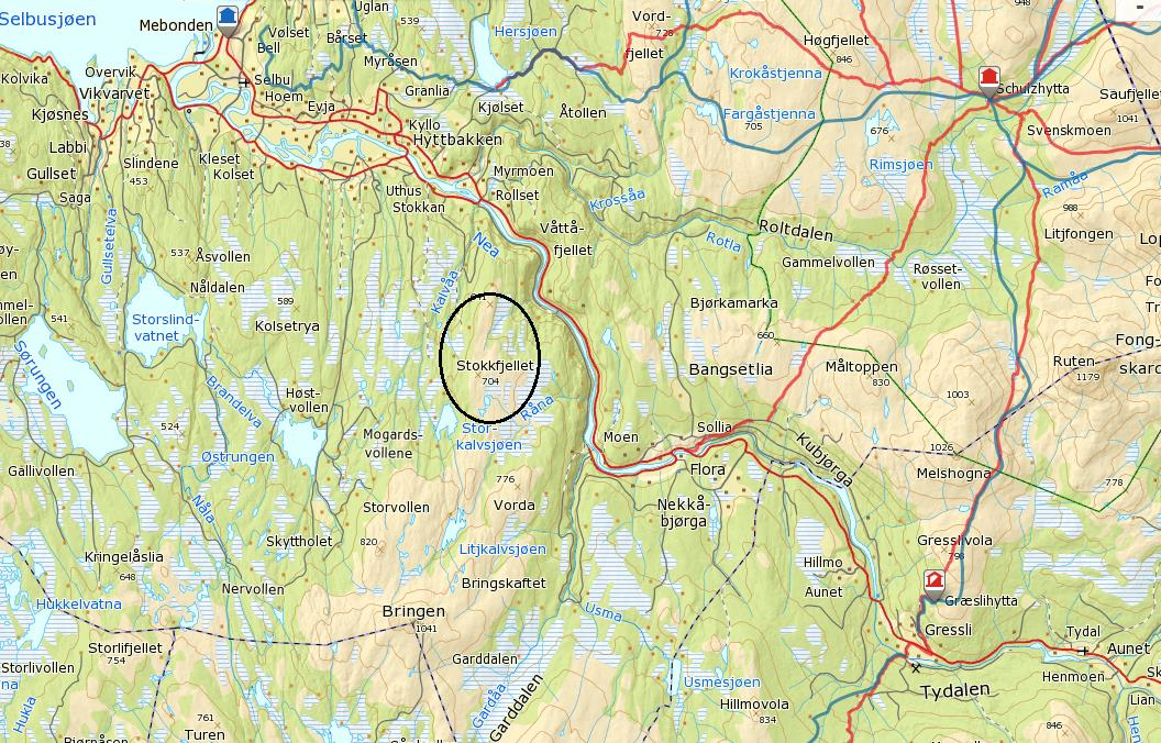 13 Figur 5 - Den Norske Turistforenings nettverk av løyper og hytter sett i forhold til Stokkfjellet vindkraftverk. (Den Norske Turistforening, 2013) 3.4.