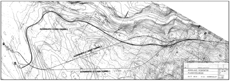 3 Tiltaksbeskrivelse 3.1 HOVEDPLANEN FRA 1989. Statens vegvesen utarbeidet i 1989 en hovedplan / detaljplan i tre alternativer for ny rv. 77 gjennom Tjernfjellet.