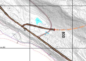 Denne kartskissen fra Statens vegvesen datert 27.07.2012 viser en foreløpig situasjon ved østre tunnelpåhugg. Utsnitt av kart: Rv. 77 Foreslått ny trase rv.