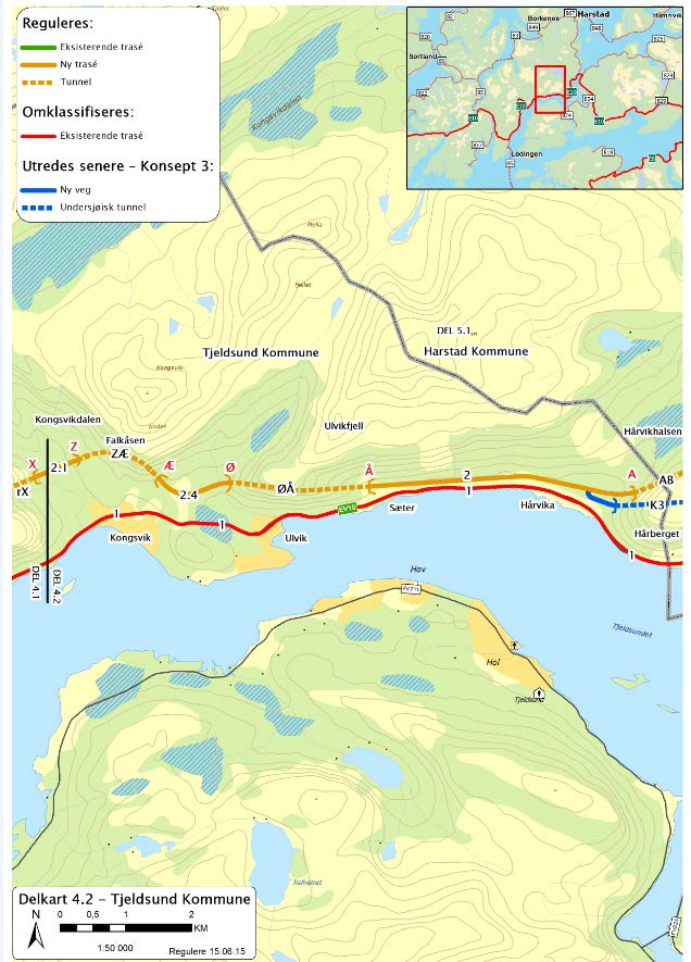 Anbefalt alternativ for regulering: En øvre trasé 2.1, tunnel ZÆ, trase 2.4, tunnel ØÅ, trase 2 til tunnelpåhugg A i Hårvik.