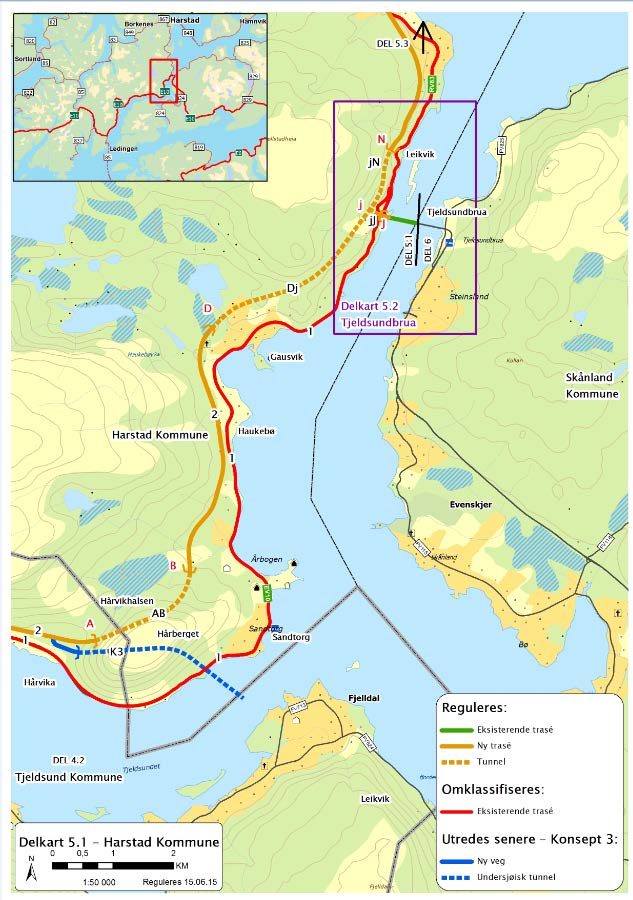 Anbefalt alternativ for regulering: Tunnel AB gjennom Hårberget, og trasealternativ 2 til tunnel DG gjennom Gullberget.