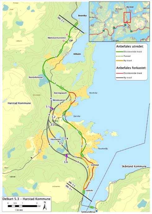 Anbefalt alternativ for regulering: Alternativ 1 i kombinasjon med alternativ 6, tunnel nn og alternativ 2 på strekningen Tjeldsund bru-fauskevåg og alternativ 2 i Nordvika.