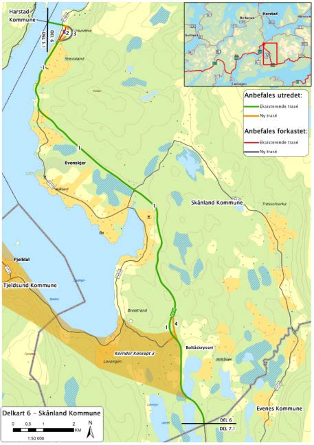 Anbefalt alternativ for regulering: Alternativ 2 ved Tjeldsund bru, utbedring av eksisterende kryss ved Boltås og utbedring av eksisterende veg, alternativ 1, frem til Evenes lufthavn.