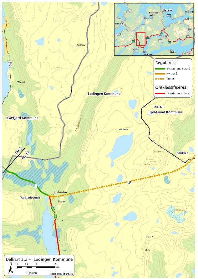 Anbefalt alternativ for regulering: Utbedring av dagens veg, trasealternativ 1, og tunell LP mot Fiskfjord.