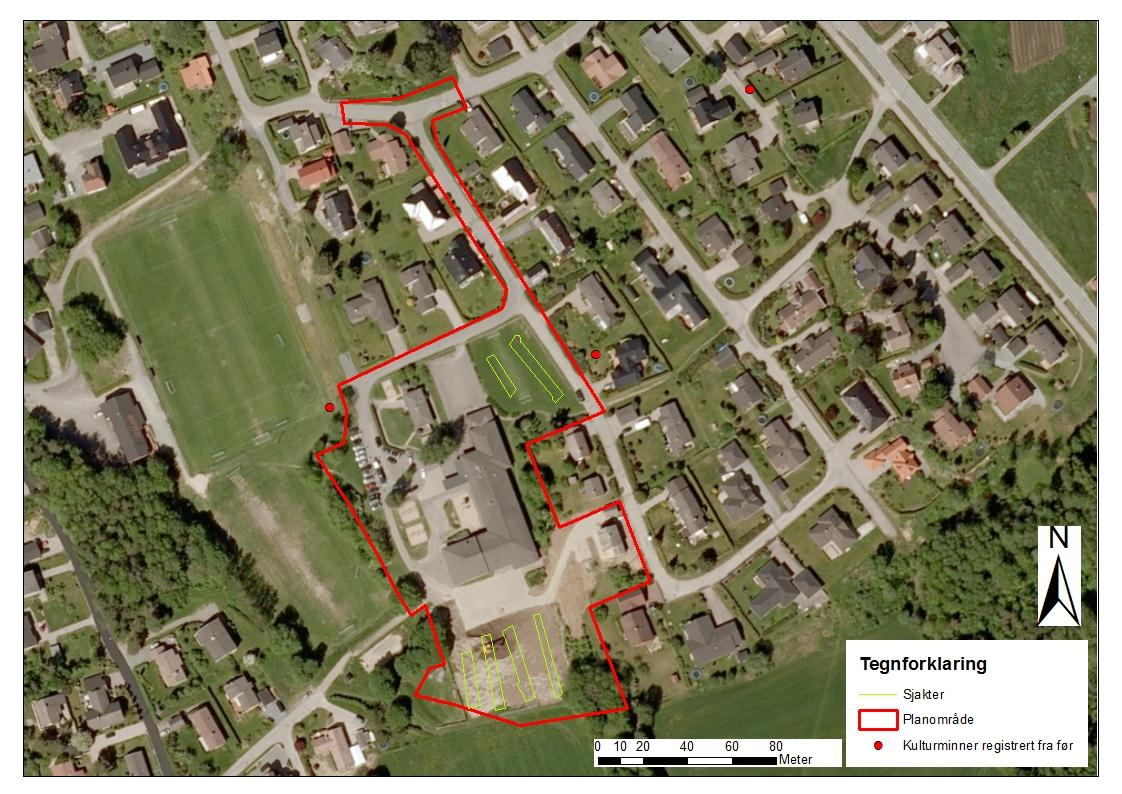 Figur 5: Detaljplan av planområdet som viser hvor sjaktene ble lagt og hvordan bebyggelsen ser ut per i dag.