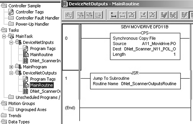 5 Prosjektering og igangsetting Eksempler på prosjektering i RSLogix 5 5. For å kopiere data fra driften til den nye datastrukturen, settes det inn en CPSkommando i "MainRoutine".