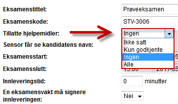 Tillate hjelpemidler under eksamen I Eksamensoppsettet finnes det punkt for Tillatte hjelpemidler med tre valg (se bilde 7).