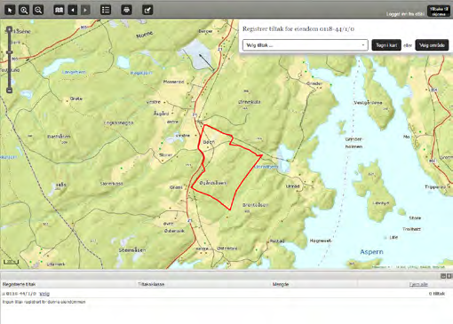 10. Du kan kun tegne inn tiltak på én eiendom av gangen. Har du flere eiendommer du skal søke for, kan du bytte mellom disse i nedtrekksmenyen øverst i kartvinduet.
