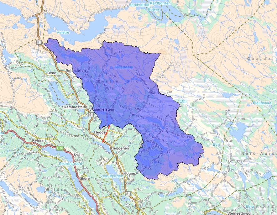 Hydrologi - nedslagsfelt Nedslagsfelt ca. 264 km². Laveste punkt 716 m.o.h.