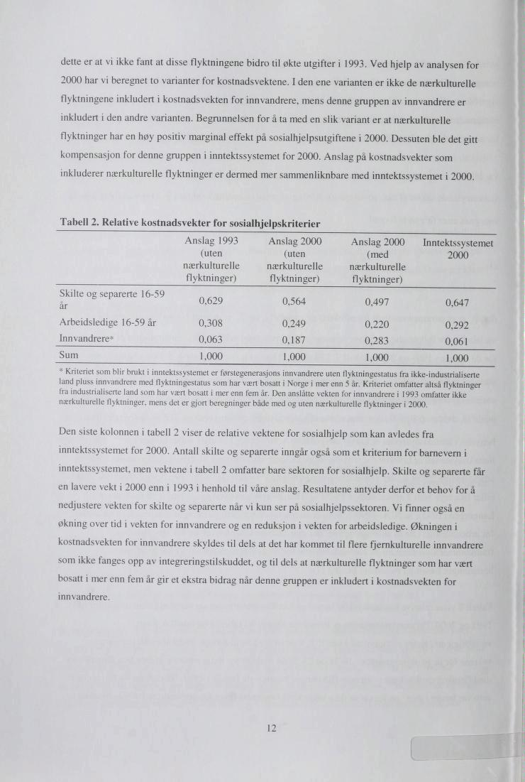 dette er at vi ikke fant at disse flyktningene bidro til økte utgifter i 1993. Ved hjelp av analysen for 2000 har vi beregnet to varianter for kostnadsvektene.