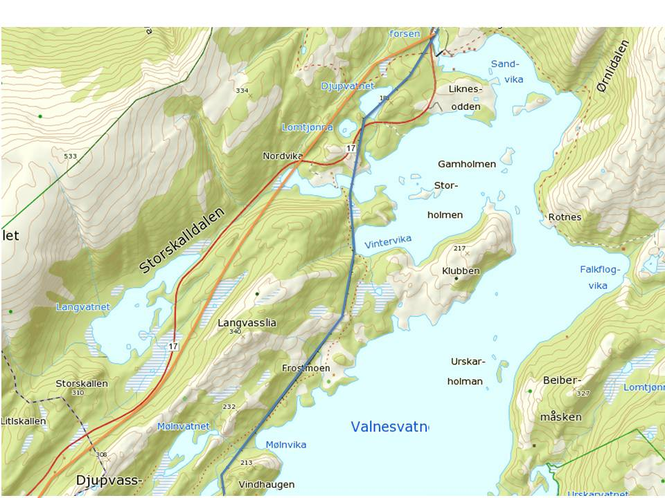 Denne løsningen krever et godt samarbeid med Gildeskål kommune for å finne en løsning for trase i området ved Saura.