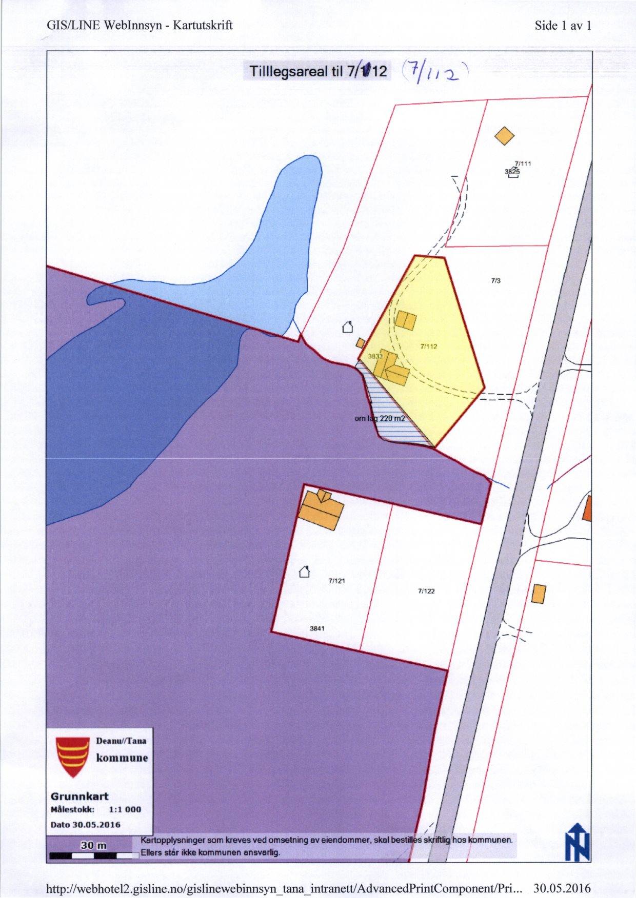 GIS/LINE WebInnsyn - Kartutskrift Side 1 av 1 Tilllegsareal til 7/112 r e I 1/ <> I 7:11 1/ 3875 - \,.I Al.