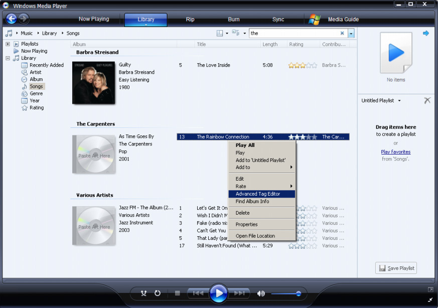 4.5.5 Redigere informasjon om sanger via Windows Media Player 1 Klikk på fanen Kartotek. 2 Naviger til sangen du vil redigere.