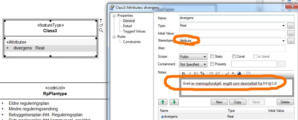 Trinn 3 Lag nye egenskaper ved å velge Attributes og legge inn navn, datatype og at egenskaper er synlig (Public). å dra fra verktøykassa og inn på en objekttype.