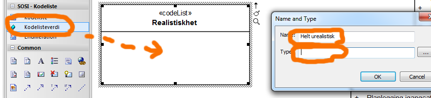 Dobbeltklikk på assosiasjonen, og ta bort assosiasjonens stereotype (<<sosirefassosiasjon>>) hvis du har EA 9, velg SourceRole eller TargetRole (der endeklassen er den korrekte) og og skriv inn den