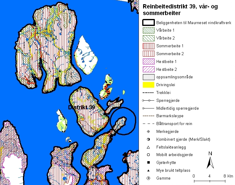 Figur 5 Reinbeitedistrikt 39 er et øydistrikt. Selve Maurneset ligger utenfor distriktsgrensene, men blir brukt i forbindelse med flytting over til øyene både vår og høst, først og fremst høst.