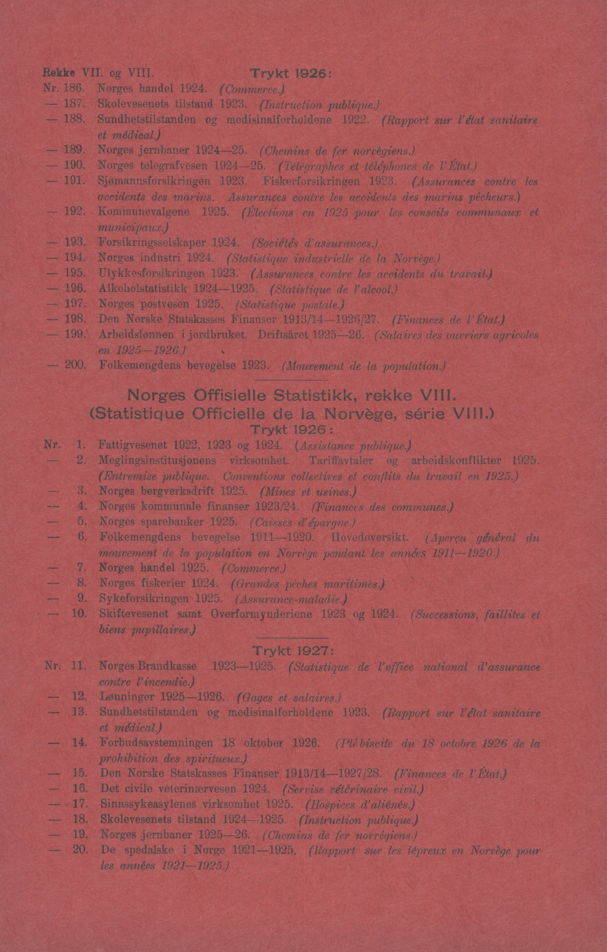 Rekke VII. og VIII. Trykt 9: Nr. 8. Norges handel 9. (Commerce.) - 8. Skolevesenets tilstand 9. (Instruction publique.) --- 88.