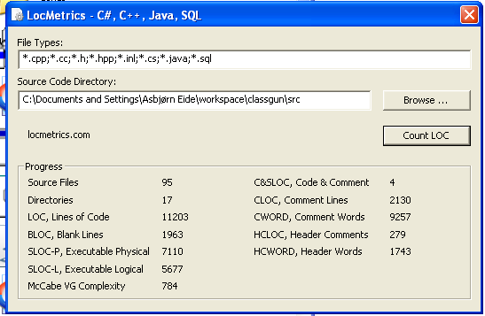 5.6. Kort informasjon om koden (størrelse, lengde) Figur 35: Skjermbilde av LocMetrics som viser antall linjer kildekode i verktøyet I figur 25 ser vi at at kildekoden i dagens verktøy består av 95