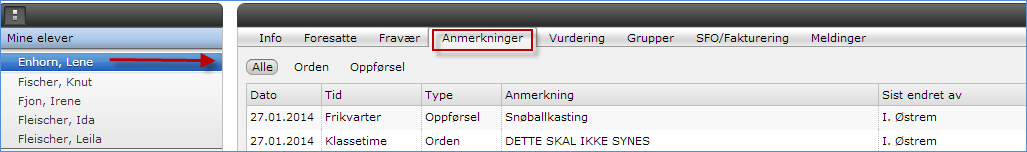 Registrering av Anmerkninger 1. Filter for å vise enten Orden eller Oppførsel 2. Detaljert oversikt over elevens anmerkninger 3. Sletteknapp marker et fravær og klikk på Slett 4.