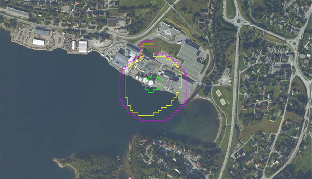 Side 13 Figur 5.1: Beregnet ISO-risk kurve for Sunde EPS med ny og større pentantank. Grønn er kurven for 10-4, gul er 10-5 og lilla er 10-6 5.2.