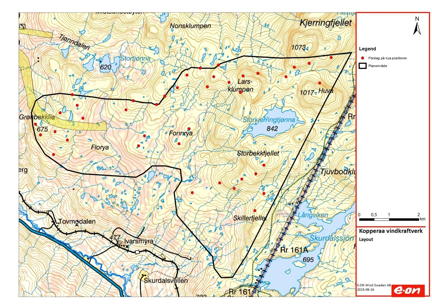 Figur2. E.ONs forslag til ny planskisse, juni 2015. Antallet turbiner har blitt foreslått redusert fra 50 til 40. Grensene for planområdet er identiske med i konsesjonssøknaden.