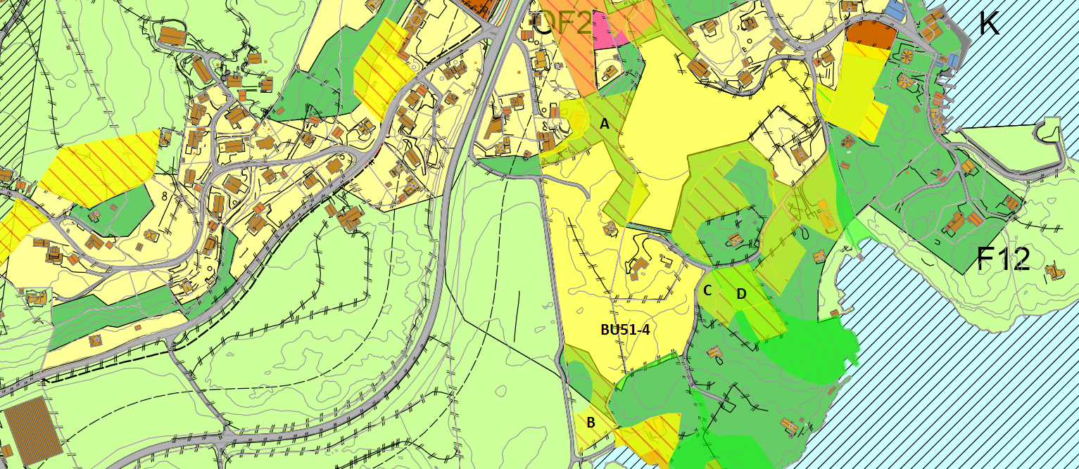 BU51-4 Utviding av nytt bustadområde; A, B, C og D Forslaget gjeld endra arealdisponering til nye bustadområde.