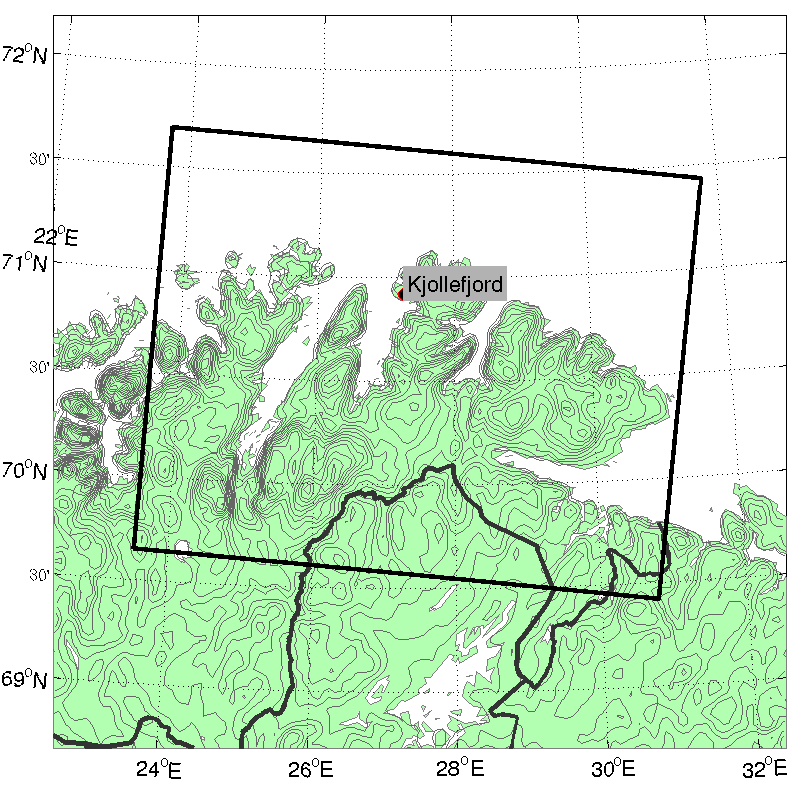 Figur 11.2: Kartet viser Dyfjordhalvøya i Finnmark med 20 m ekvidistanse. Vindmålemastene og WRF-punktene KVT, T15, 4010 og 4023 er markert med blått. Hentet fra www.norgeskart.no. Figur 11.