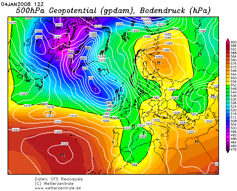 11.3 METEOROLOGISKE KART FRA CASEPERIODENE Bakketrykk og geopotensiell høyde for trykkflaten tilsvarende 500 hpa for hver av caseperiodene er vist i figurene under.