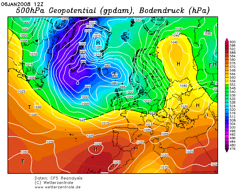 Figur 11.7: Bakketrykk og geopotensiell høyde for trykkflaten tilsvarende 500 hpa kl 12:00 på 05. januar 2008.