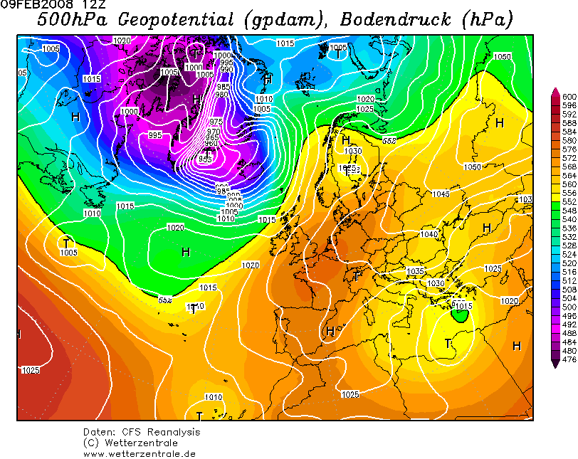 Case 2: 09.02.2008 til 11.02.2008 Figur 11.9: Bakketrykk og geopotensiell høyde for trykkflaten tilsvarende 500 hpa kl 12:00 på 09.