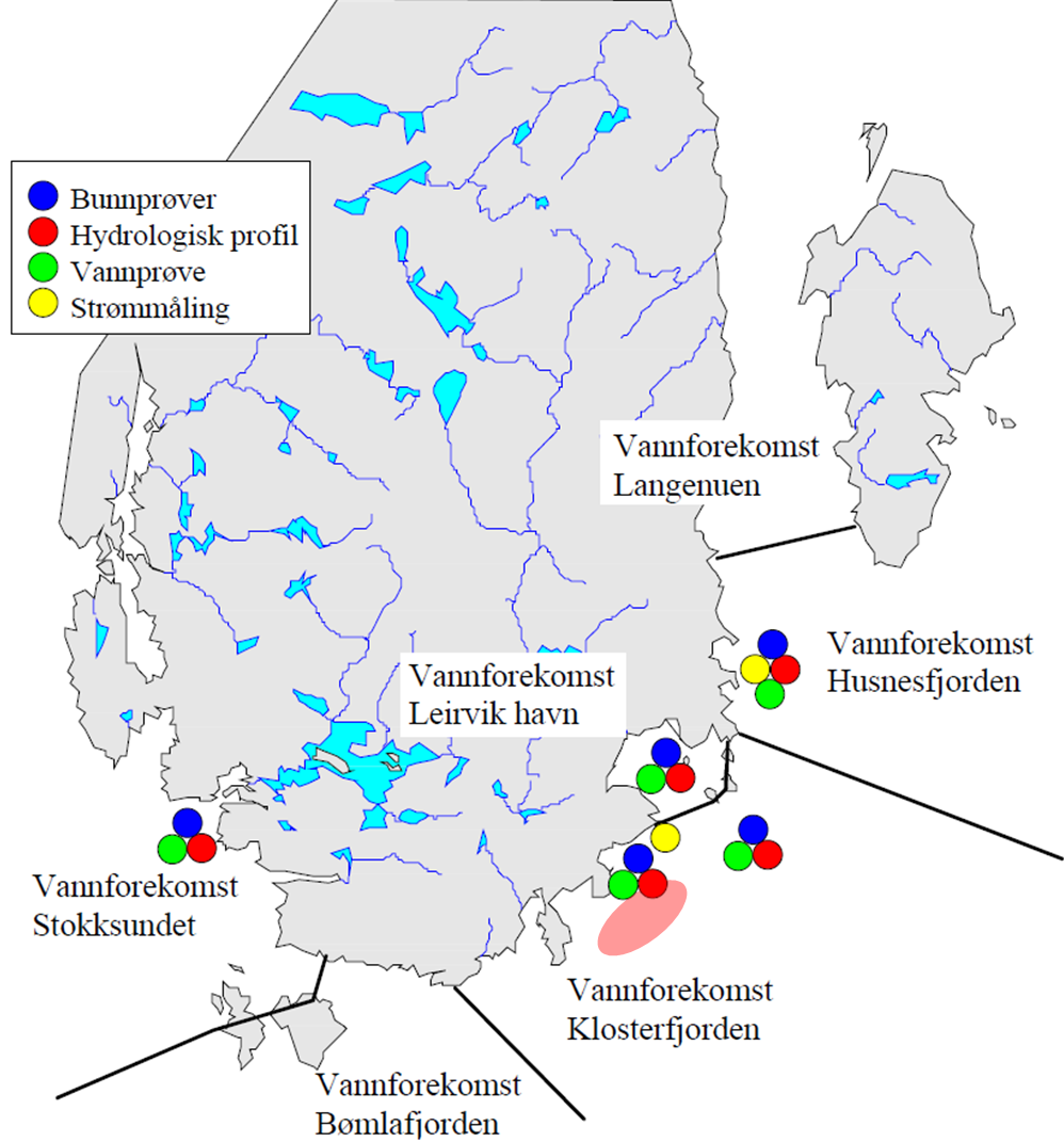 Figur 4 Målestasjoner og prøvetakingsopplegg for resipientundersøkelse 2007 [2]. Vår aktivitet vist i lys rød.