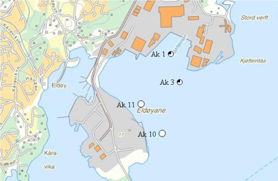 Figur 5 Målestasjoner for resipientundersøkelse utført av Kværner Stord 2011 [4].