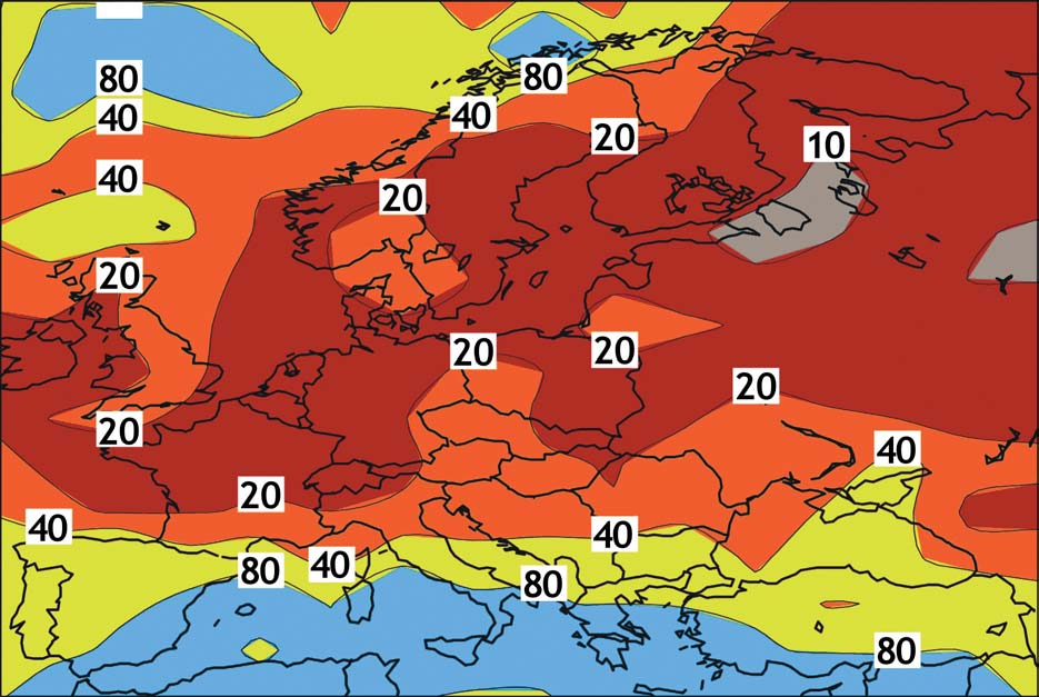(Palmer & Räsänen) Firedoblet risiko for store mengder nedbør om vinteren over store deler av Europa ved 8
