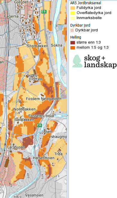 Figur 4. Kart som viser helling på dyrkamarka på stekningen langs dagens E6 fra Larshusan og Halsetmoen i sør til Sokndal sentrum i nord.