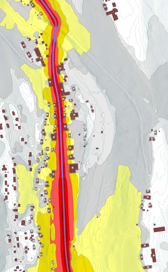 4.6 Støy Det er gjort beregninger både med dagens vegtrasé og med ny trasé, og disse er vurdert opp mot hverandre.