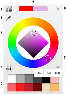 Fargeredigering Opprette en egendefinert farge Bruk panelene i Fargeredigering for å opprette eller velge en farge. 1. Copic-fargebiblioteket 2. Fargevelger 3. Metning/lysstyrke 4.