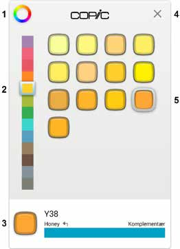 Copic-fargebiblioteket 1. Bruk fargehjulet 2. Nåværende fargefamilie 3. Nåværende fargenavn 4. Lukk fargeredigering 5. Nåværende farge 6.