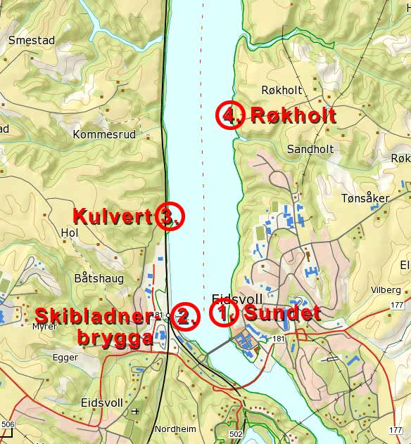 Metode Tellingen har omfattet området som er betegnet som sone 1a på kartet, det vil si fra et utløp litt nord for Kommesrud og ned til brua ved Eidsvoll sentrum.