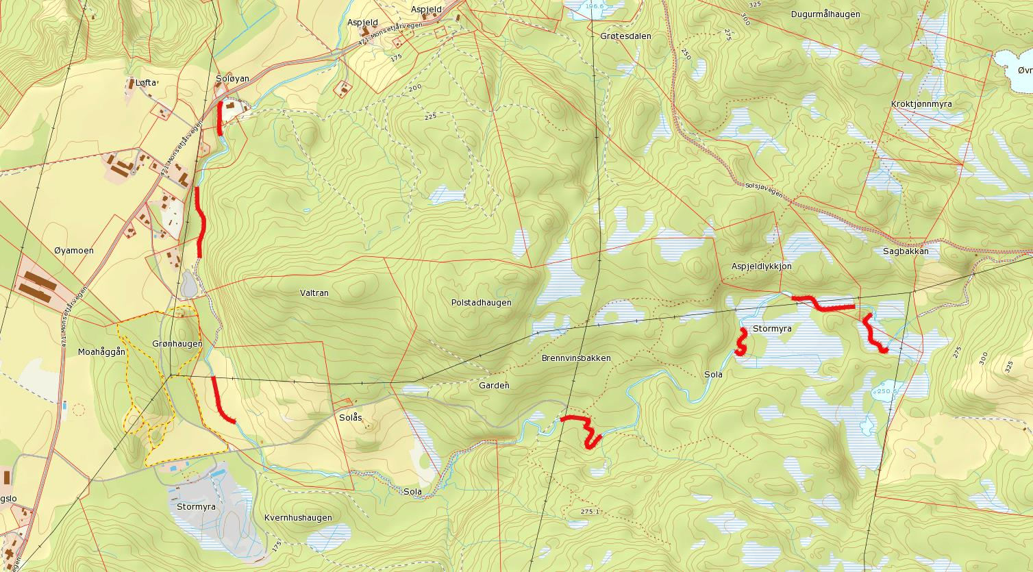 Sola øvre FIGUR 38: SOLA BLE KARTLAGT MED 7 TELLESTASJONER Sola (121-446-R) renner på østsiden av Orkla fra Solsjøen og ned til hovedelva.