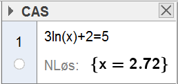 42 Logaritmelikning Løs likningen 3ln( x) 2 5. Skriv 3ln( x) 2 5 i CAS-vinduet, og klikk på ikonet. Alternativt kan du skrive Løs[ 3ln( x) 2 5], og trykke ENTER.
