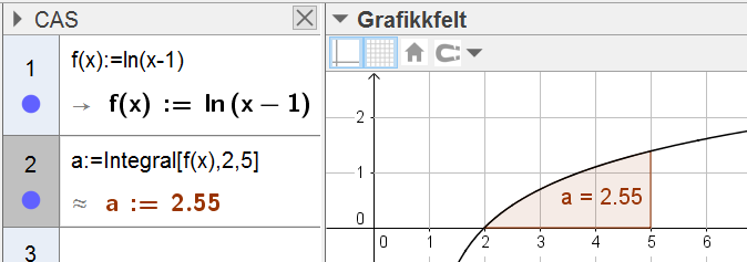 45 Bestemt integral (Areal under graf) Bestem integralet 5 ln( x 1) dx.