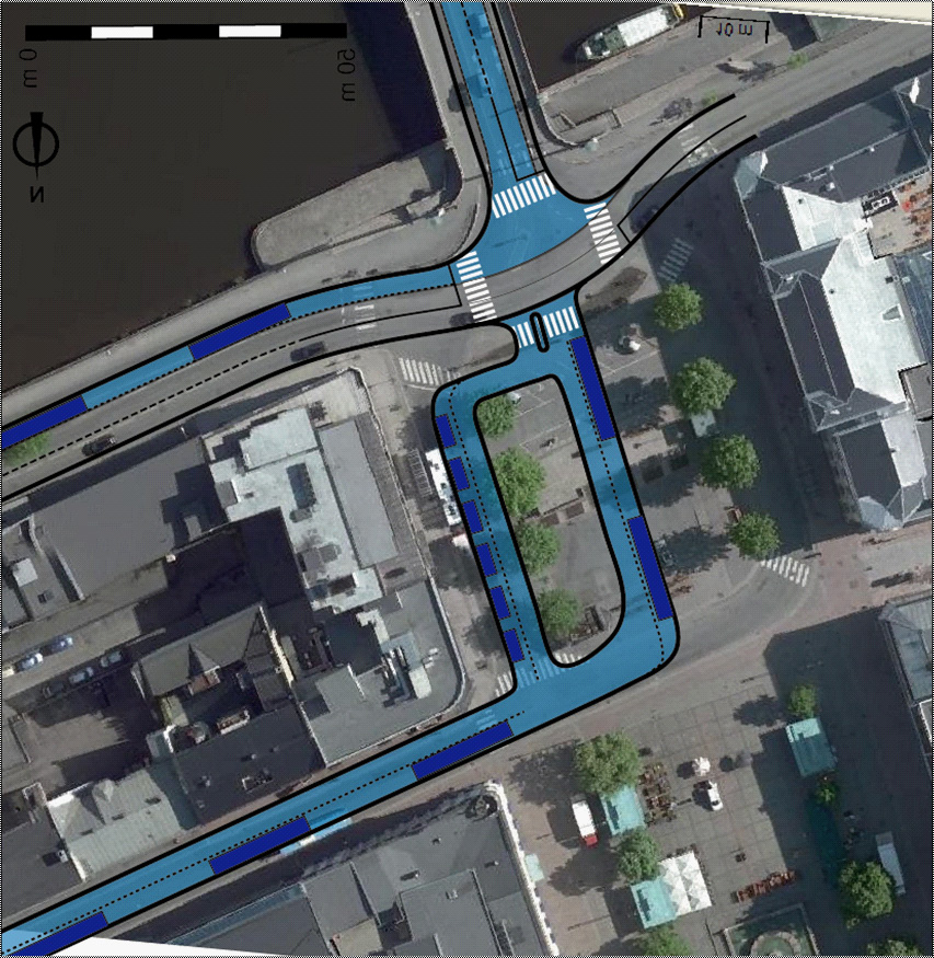 Løsning Figur 44: Geometriskisse vis på kartgrunnlaget for Drammen kommune: - Stoppested for 5 busser på Bragernes Torg og i Øvre Storgate - Stoppested for 5 busser i St.