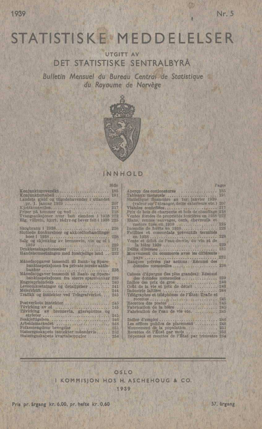 Nr. 5 STATISTISKE MEDDELELSER UTGITT AV DET STATISTISKE SENTRALBYRÅ Bulletin Mensuel du Bureau Centrai de Statistique du Royayme de Norvège INNHOLD Side 185 Konjunkturoversikt.