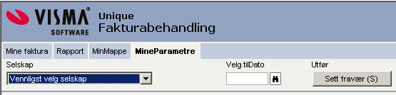 Min mappe her kjem ein inn på Visma si heimeside Mine parametere brukarane kan legge inn fraversmarkering i systemet. Ein kan legge inn dato for når ein er tilbake og trykke på knappen sett fravær.