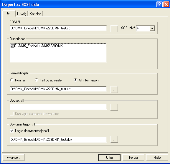 Eksport til SOSI Ferdig redigert DMK-base skal konverteres til SOSI for distribuering videre. Bruk kommando Import/Eksport SOSI eksport.