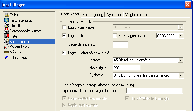 Innstillinger Kartredigering Velg Fil Innstillinger Kartredigering fane Egenskaper. Merk av for lagring av dato og kvalitet.