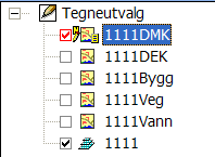 Ordne lag Til venstre i skjermbildet vises basene som er åpnet i et eget utvalgsvindu. Organiser basene lagvis, med ortofoto nederst, DEK i midten og DMK øverst. En drar i basene med musa.