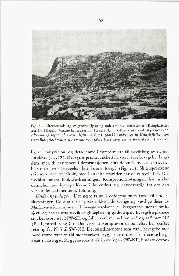 102 Fig. 21. Alternerende lag av grønne (lyse) og røde (mørke) sandsteiner i Kringlefjellet sett fra Blåeggja. Mindre bevegelser har foregått langs tidligere utviklede skjærsprekker.