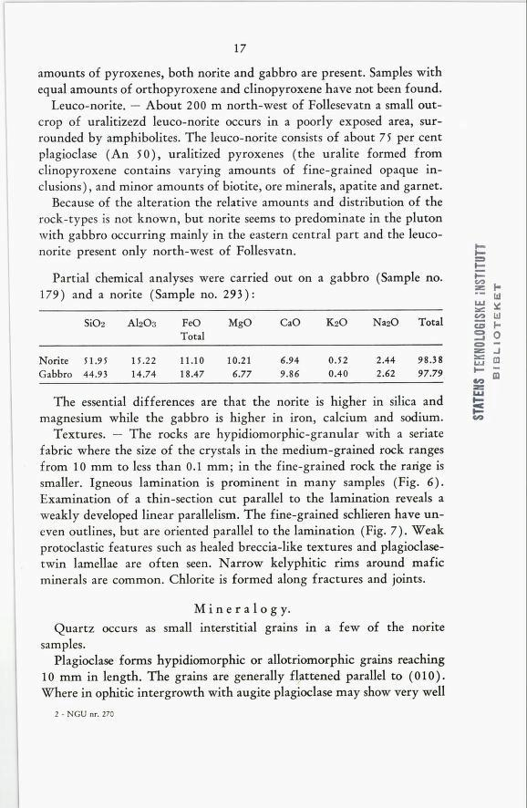 17 amounts of pyroxenes, both norite and gabbro are present. Samples with equal amounts of orthopyroxene and clinopyroxene have not been found. Leuco- norite.