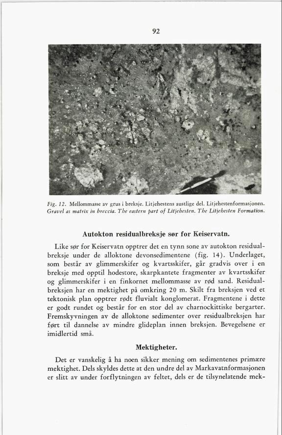 92 Fig. 12. Mellommasse av grus i breksje. Litjehestens austlige del. Litjehestenformasjonen. Gravel as matrix in breccia. The eastern part of Litjehesten. The Litjehesten Formation.